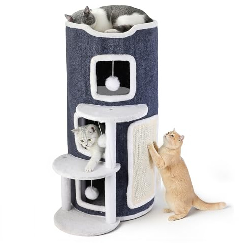 Cueva para Gatos de 4 Niveles, casa para Gatos con Tabla y Plataforma rascadora, 3 Cuevas + Plataforma de observación con 2 Plataformas de transición, Cubo para Gatos con Pelota de Juego, Estable y