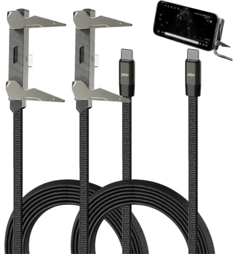 2PCS Câble USB C 240W Charge Rapide avec Support Téléphone Intégré | Câble USB C vers USB C 2m avec connecteur 90°, rotation 360° et nylon tressé pour smartphone, tablette et PC portable.
