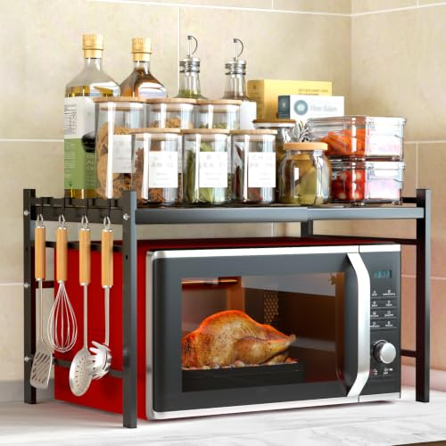 MAILLARD Estantes de microondas extendidos de 2 etapas, estante de microondas de pie con ganchos de 4 s, estante de cocina que ahorra espacio, práctico estante de cocina para plataforma de cocina