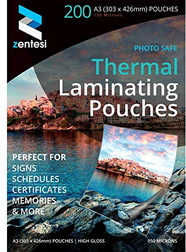 Zentesi A3 Laminating Pouches High Gloss Laminator Sheets 150 Micron (75 + 75 Microns) Glossy Laminate Pouch Sleeves - Pack of 200