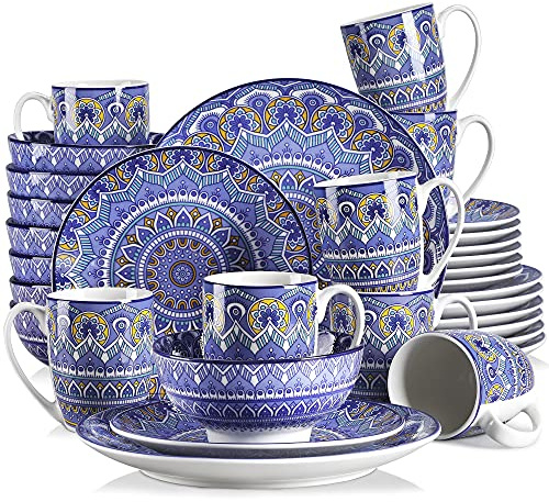 vancasso Mandala Servizi di Piatti, Set Piatti e Ciotole da 32 Pezzi, 8 Piatti Piani, 8 Piatti Dessert, 8 Ciotole Cereali e 8 Tazza, Servizio per 8, Stile Bohémien, Blu