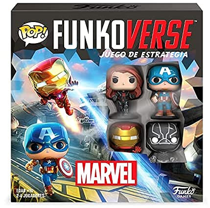 Funko Games Funkoverse: Marvel 100 4-Pack - Spanish Version - Captain America, Black Widow, Iron Man And Black Panther - 3'' (7.6 Cm) POP! - Light Strategy Board Game For Children & Adults (Ages 10+)