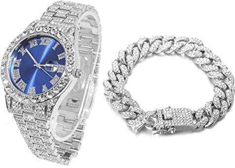 Halukakah Herren Diamant Golduhr ● President ● 18K Echt Vergoldet/Platin Weiß Vergoldet 42MM Breite Grün/Blau/Rot, Armband mit Labordiamanten 24cm, Kubanischer Link Kette 20+45cm, Inkl. Geschenkbox