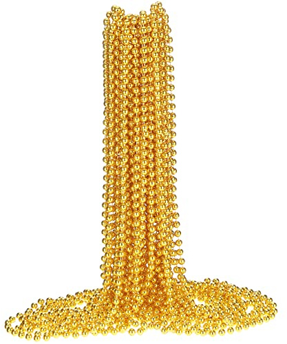 Junkin 24 Pcs Gold Mardi Gras Beads Yellow Bead Necklace 33'' 7 mm Metallic Party Beaded Necklaces Bulk Garland Costume Accessory for Pirate Hip Hop Digger One Birthday Graduation Carnival Party Favor