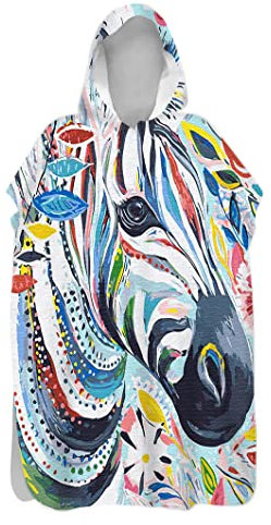 Hiseng Badeponcho für Kinder Erwachsene, Tier Drucken Bademantel Weich Badetuch Mikrofaser Schnelltrocknend Surf Poncho Schwimmen Strand Poncho mit Kapuze (Zebra,75x145cm)