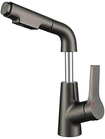 Miscelatore Lavabo Bagno con Doccetta Estraibile Ottone Rubinetto Lavabo Acqua Calda e Fredda Foro Singolo Telescopico Rubinetto Lavabo Grigio
