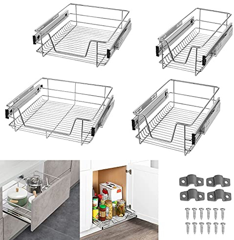 UISEBRT 4 Stück Küchenschublade Teleskopschublade Schlafzimmerschublade Organizer Küchenschrank Küchen Regal Korbauszug Vollauszug für 57cm (Innenbreite) / 60cm (Außenbreite) Schrankbreite