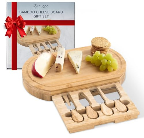 CUQOO Bamboo Cheese Board Set with Drawer & 3 Knives – Wooden Charcuterie Board, Cheeseboard Gift Set for Serving, Grazing, Cheese Boards & Knives, Cheese Platter for Cheese Lovers (Oval)