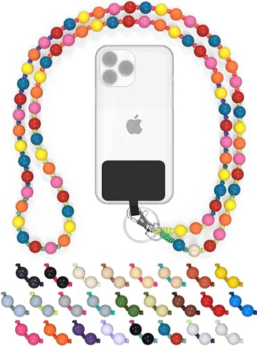 DROPLETSY catena per cellulare con perline universali in legno, cordino, catena, collana da appendere, compatibile con smartphone: iPhone 15,14,13,12, Samsung Galaxy (senza custodia, TheRainbow)