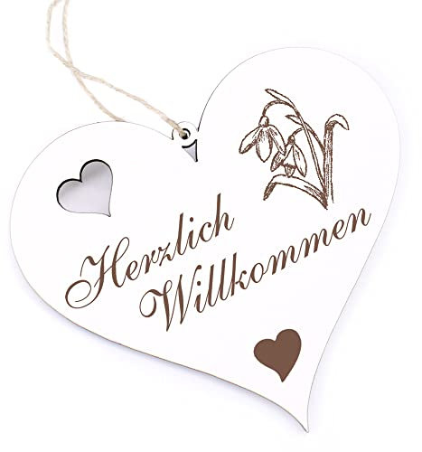 Herzlich Willkommen Schild - Schneeglöckchen - Deko Herz Holz Willkommensschild Türschild Dekoschild Türdeko