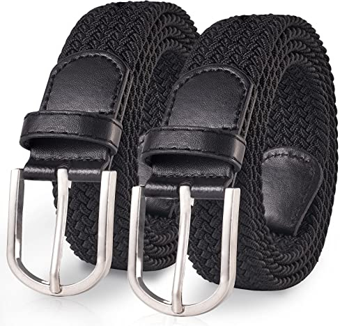 TANGCHAO 2 Stücke Stoffgürtel Stretchgürtel Elastik Flechtgürtel Geflochtener und Elastischer Dehnbarer Gürtel für Damen und Herren Breite 3.3cm Schwarz+Schwarz 100cm