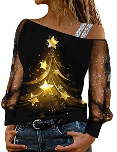 Damen Bluse T-Shirt Damen Langarm Sweatshirt Sexy Schulterfrei Shirt Bluse Glitzer Spitze Langarmshirt Frühling Sommer Oberteile Tunika Tops Elegant Hemdbluse Streetwear