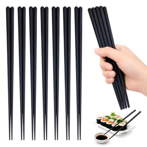 Cabilock Japanese Chopsticks, 10 Pairs, Reusable Black Plastic | Hexagonal Grip for Controlled Handling with Sushi, Noodles, Rice Bowls, Hot Pot and BBQ