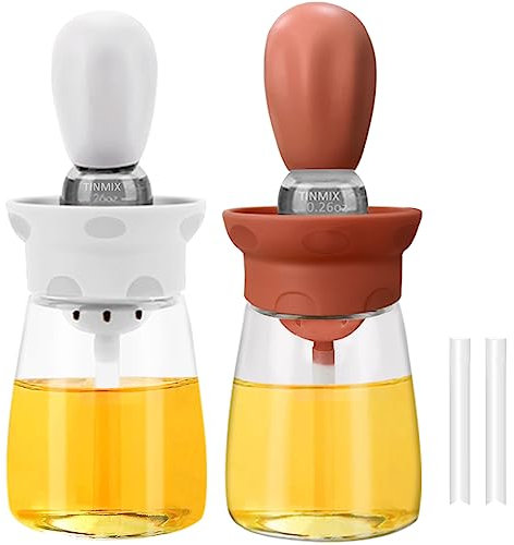 TINMIX Dispensador de aceite con cepillo, paquete de 2 botellas dispensadoras de aceite de oliva de vidrio para cocina con cepillo de silicona para untar barbacoa, parrilla, hornear, cocinar, T-OB22,