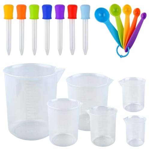 BATINO Juego de 18 tazas medidoras con cucharas y cuentagotas, resistentes al calor, juego de jarras de plástico, vasos graduados, vasos de mezcla, herramienta de medición de cocción para hornear
