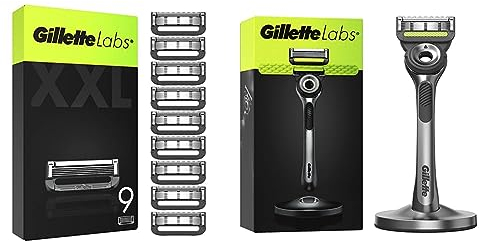Gillette Labs Rasierklingen, 9 Ersatzklingen & Labs Nassrasierer Herren, Rasierer mit Reinigungs-Element + 1 Rasierklinge, Premium-Magnetdock