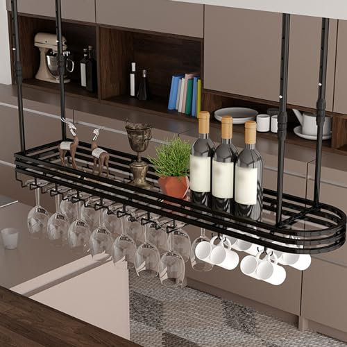 UZSPAC Portabicchieri Sospeso da Bar Metallo Accessori Casa Arredamento Soggiorno Acrilico Trasparente Scaffale di Stoccaggio con la Luce (Color : Black, Size : 120 * 25cm)