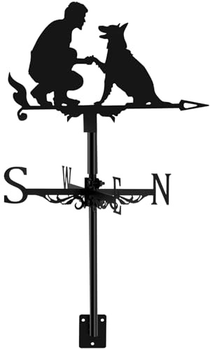 MENIBBLER Weather Vane Heavy-Duty Metal Dog Wind Direction Decorative Dog and Man Weathervanes Creative Black Dog Ornament for Outdoor Patio Garden Porch Roof Decoration.