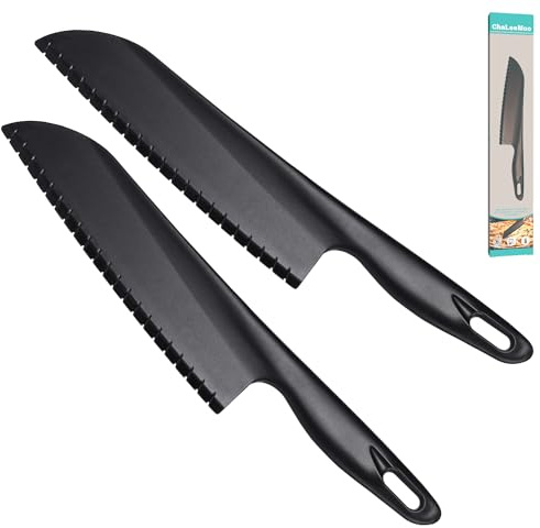 ChaLeeMoo 11” Nylon Knife for Nonstick Bakeware with Serrated Edges, Large Plastic Kitchen Knife to Cut Lettuce Salad Cake Brownie or Veggies Fruits, Nonmetal Knife for Teflon Cookware, Black 2 Pack