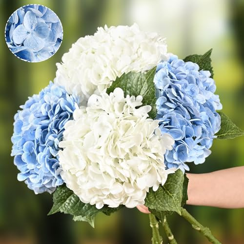 4 hortensias artificiales de látex de tacto realista azules y blancas, 53,34 cm, para ramo de boda, decoración del hogar, centros de mesa
