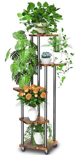 Accwork 5 Etagen Hölzern Pflanzenständer Blumenständer, Metall Pflanzenständer Blumenregal Pflanzenregal, Ecke Blumentreppe Pflanzentreppen für Innen Balkon Garten Wohnzimmer Deko