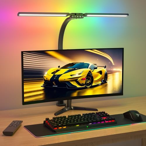 SIBRILLE Lámpara de escritorio RGB de doble cabeza LED regulable, 22 W, 80 cm, luz diurna con mando a distancia, giratoria, protección ocular, cuello de cisne