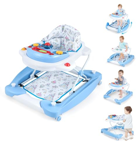 COSTWAY Andador Bebes 6 en 1, Andador Plegable para Bebes con 3 Alturas Ajustables, Bandeja de Música Extraíble y Asiento Acolchado, Tacata Bebe, Caminador para Bebe de 6+ meses (Azul)