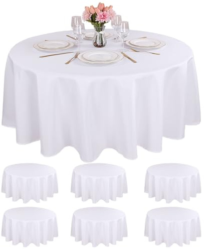 Kesfey 6 Packs Round Tablecloth 70 Inches White Polyester Table Cloths Stain and Wrinkle Resistant Tablecloths for Round Tables Washable Circle Fabric Tablecovers for Wedding Camping Banquet Parties