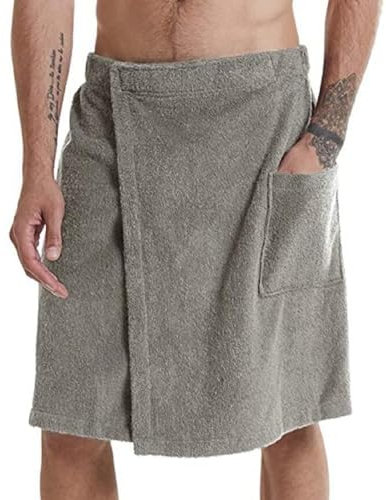 iyoimono Herren Badetuch mit Klettverschluss Schnelltrocknende Mikrofaser Saunaraum Handtuch Flanell Badetuch Rock mit Taschen und Gummizug Ohne Stickerei für Männer Duschraum Sauna,Grau