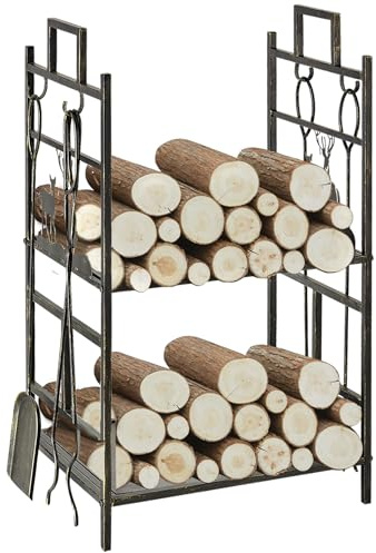 Outsunny Soporte para Leña de 2 Niveles 51,5x33x77 cm Negro Dorado