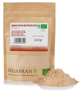FRISAFRAN | Bio Roter Maca Pulver 200g | gemahlenes Roter maca | Bio Superfood | Energetisierendes | Natürliches | Reich an Vitaminen-Mineralien | Hormonelles Gleichgewicht | Vegan | glutenfrei