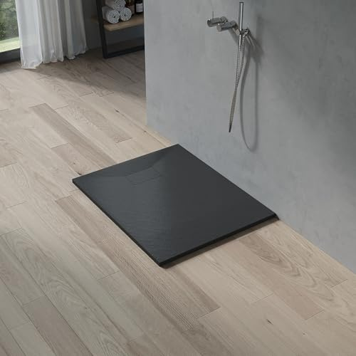 AQUABATOS SMC Duschwanne 100x80 cm Schwarz Eckig Quadratisch Duschtasse Duschbecken Brausewanne Brausetasse Rutschfest Bodengleich Ebenerdig Steinoptik Schieferoptik (Ablaufgarnitur nicht Inklusive)