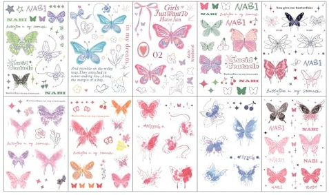 KSKAPE 10 Stück Schmetterling Tattoo,Tattoo Kinder Schmetterling Temporäre Tattoos,Schmetterling Aufkleber Tattoos für Geburtstagsfeier, Rave Party Make up.