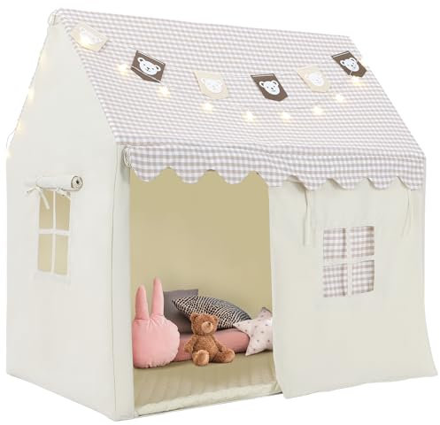 MAMIZO Kinderzelt mit Matte, Flaggen & Lichtern, Bequem und Atmungsaktiv, Kinder Spielhaus für Drinnen, Spielzelt für Jungen & Mädchen, 125x90x123 cm Zelt Kinderzimmer, Beige