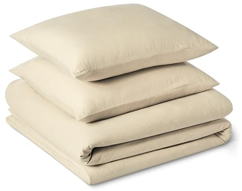 Amazon Basics Parure de Lit 2 Personnes 3 Pièces en Microfibre Prélavée, Extra Douce avec Effet Froissé Naturel, sans Repassage, Housse de Couette 240 x 220 cm et 2 Taies d'oreiller 65 x 65 cm, Beige