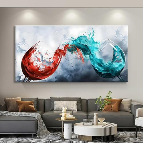 lianyibo Lienzo abstracto con copa de vino en azul y rojo, arte de pared, carteles de copas de vino modernas, para decoración de cocina y comedor, 70 x 140 cm, sin marco