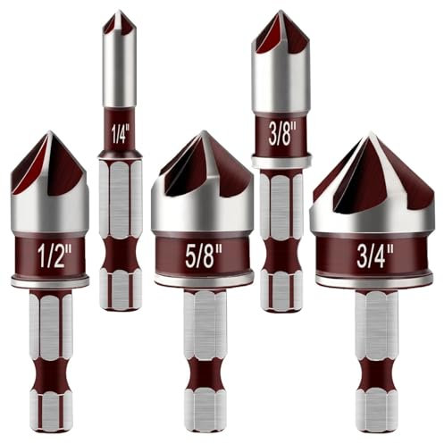 KEWAYO Set de 5 Fraises à Chanfreiner HSS 6,35 mm Embouts Coniques pour Éviers en Bois et Métal