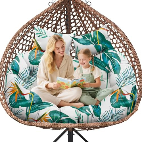 Double Hanging Egg Chair Cushion Replacement Waterproof for Outdoor Patio Basket Egg Chairs, 150x110 cm–2 Seater Premium Thickened 100% Cotton Large Double Eggs Swing Chair Cushions, Yellow-Green Leaf