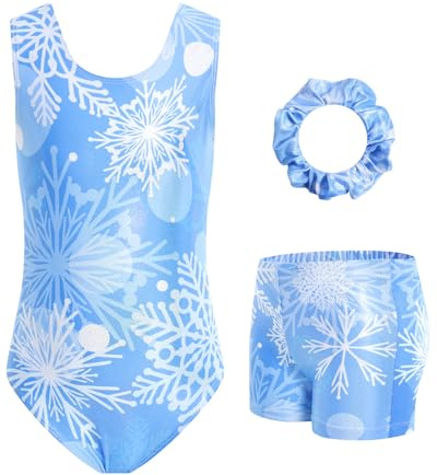 JiAmy Leotardos de gimnasia para niñas, con purpurina, para ballet, baile, ropa deportiva con pantalón corto y banda para el pelo para niños, Juego de copos de nieve azules, 8-9 años