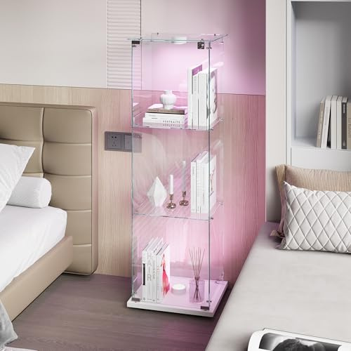 CXHLXYR Vitrine aus Glas, 3 Einlegeböden mit Türen, Glasvitrine mit LED, Vitrine aus Glas mit Tür und Schloss, Glasschrank für Wohnzimmer, 163 x 40 x 35 cm (1 Tür, 3 LED-Schichten, weiß)