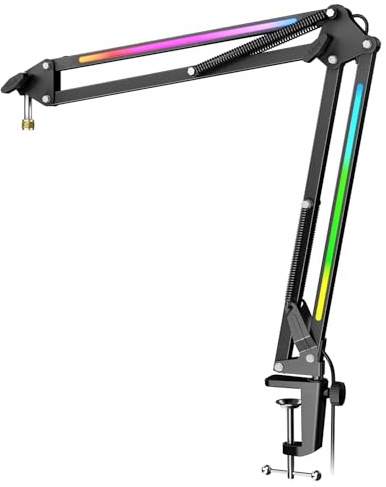 FIFINE Microphone Boom Arm, Metal Adjustable Mic Arm Stand with RGB Control, 3/8” to 5/8” Screw Adapter, Desk Mount Clamp, Suspension Scissor Mic Stand for Gaming Streaming Podcast-AmpliGame BM38