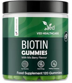 VED Biotin Gummies 5000mcg – 120 Vegan Gummies with 7 Essential Vitamins, Natural Mixed Berry Flavor – Hair, Skin & Nail Support – Non-GMO, Gluten-Free, Vegetarian, 2 Month Supply.