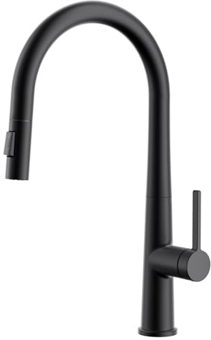 CECIPA Grifo de cocina negro, arco alto de alta presión, grifo de cocina con ducha, grifo extensible, grifo mezclador, grifos de cocina, dos tipos de chorro giratorio 360°, negro mate