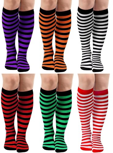Syhood 6 Pairs Mardi Gras Striped Knee High Socks Polyester Striped Tube Stockings Knee High Socks for Woman Mardi Gras Party(Bright Colors,Fashionable Personality)