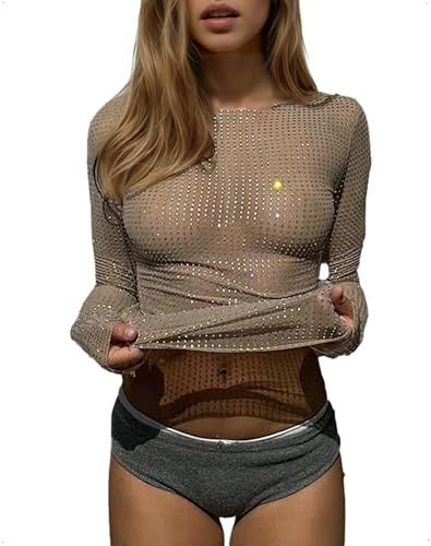 EMOTTOS Crop Top Transparente Malla para Mujer, Sexy Sheer Mesh Camiseta Manga Larga Slim Fit, Y2K Cristal Cuello Redondo Ajustadas Fiesta Outfit Party tee Otoño Invierno, Beige, S