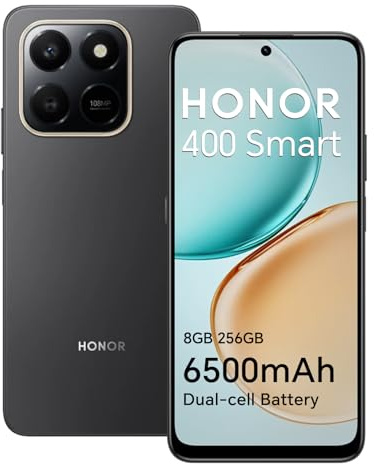 Honor 400 Smart Smartphone 4G 8GB 256GB, Batería 6500mAh, Pantalla Resistente a Caídas de 6.77 IP54, Cámara Principal de 108MP, Android 15, Dual SIM, NFC, Negro