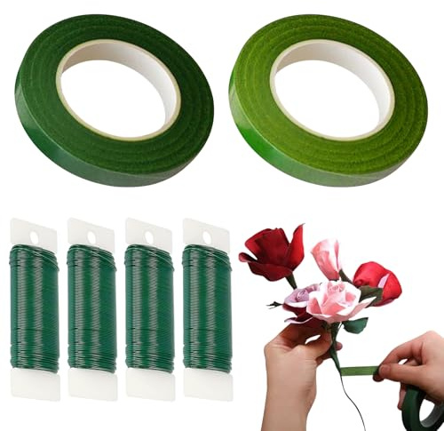 4 Rolls Florist Wire, 0.7mm x 35m Green Garden Wire with 2 Rolls Tapes, for Crafting and Floral Arrangements