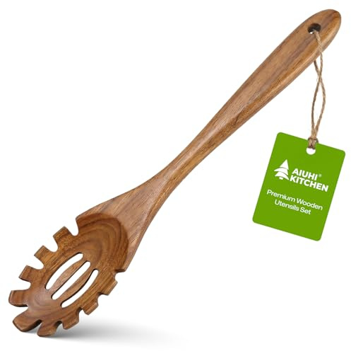 AIUHI Wooden Pasta Spoon with Teeth, Teak Wood Spaghetti Server with Hanging Hole, Non-Stick Safe Wooden Pasta Fork for Kitchen
