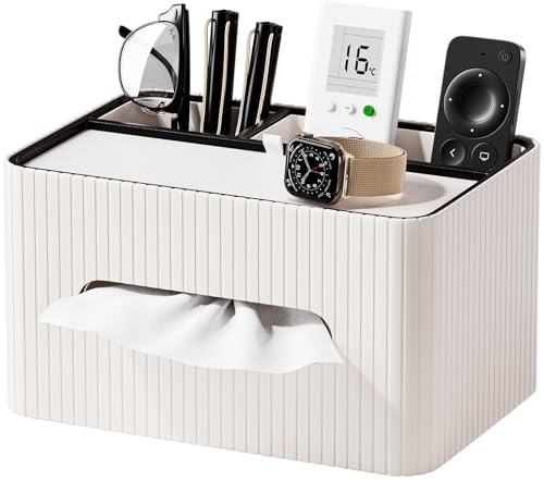 KINGFOM Kosmetiktücherbox aus PU Leder mit Ablage, Rechteckige Taschentuchbox mit 2 Fächern – Moderne Tissue Box Taschentuchspender für Wohnzimmer, Badezimmer & Büro, Tücherbox Organizer (Weiß)