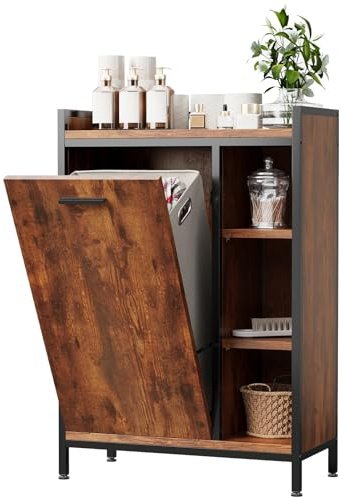 ELUCHANG Badezimmerschrank mit Wäschekorb, Wäscheschrank 50L, Badschrank mit 3 Ablagen Verstellbare Böden, Wasserdicht,Platzsparend für Kleines Bad, Wäscheküche,63x30x91cm, Vintage-Schwarz